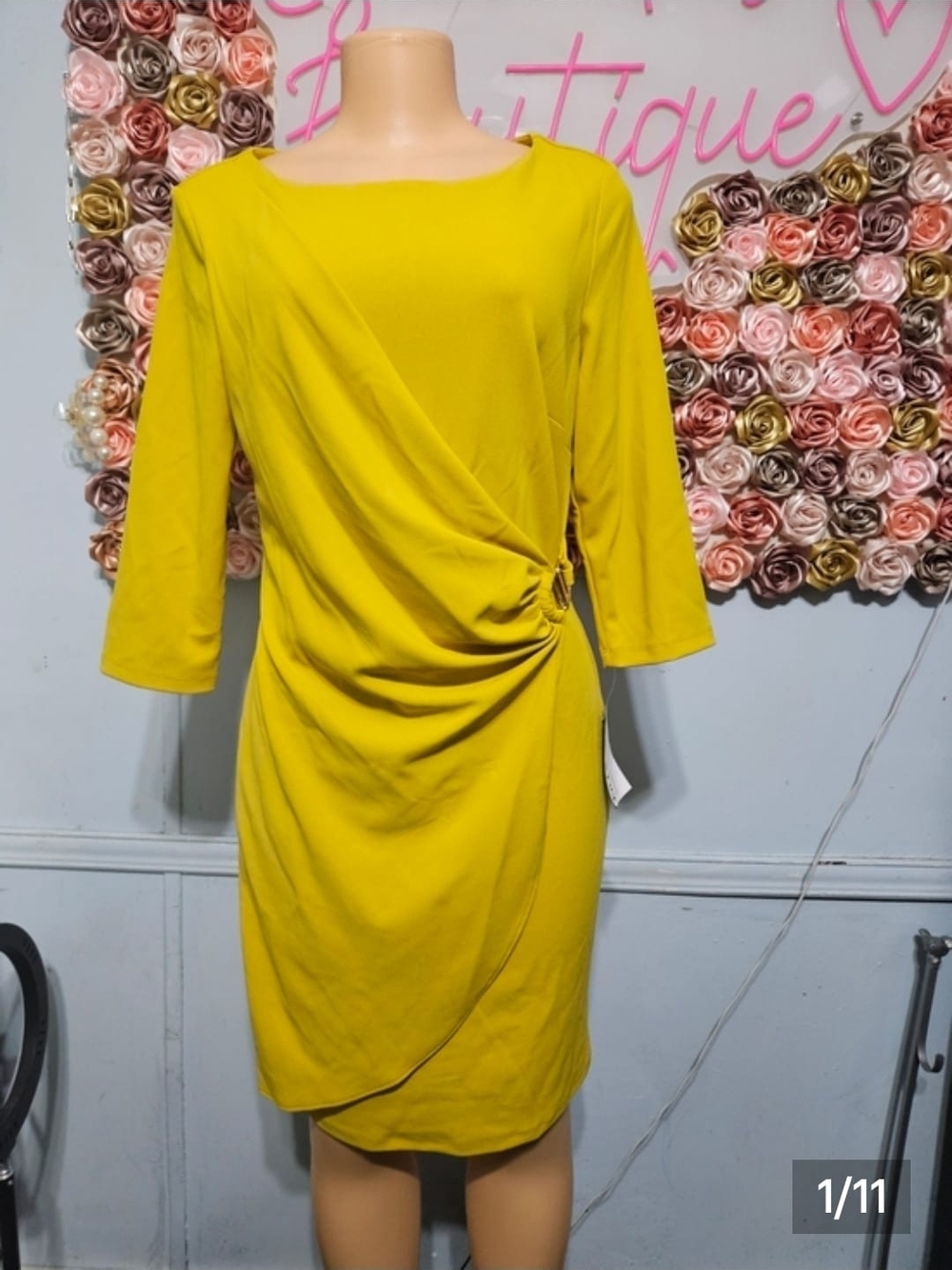 Enfocus Studio Mustard Yellow Faux-Wrap Midi Dress